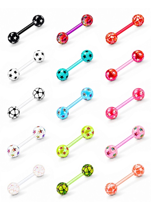 MixPiercing Комплект 15 пиърсинга за език и зърна, гъвкави пластмасови пръчки, 14G 16 мм, модели футбол и брокат