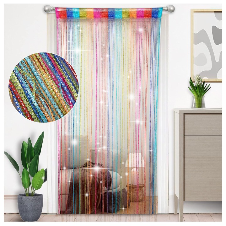 Perdea decorativa multicolora cu panglici argintii, 100x200 cm, stil romantic