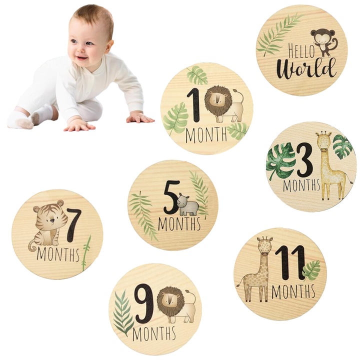 Set carduri lunare din lemn, tema jungla, format compact, multicolor