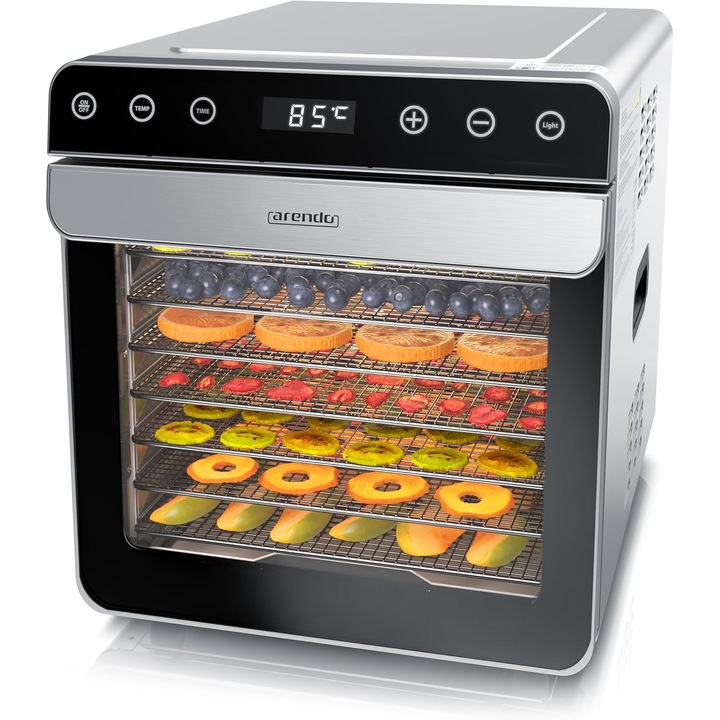 Dehidrator Arendo Stainless Steel 8 niveluri, 700W, 35–85°C, timer 24h, 8 tavi inox, 6700 cm², circulatie aer uniforma, display LED, BPA Free