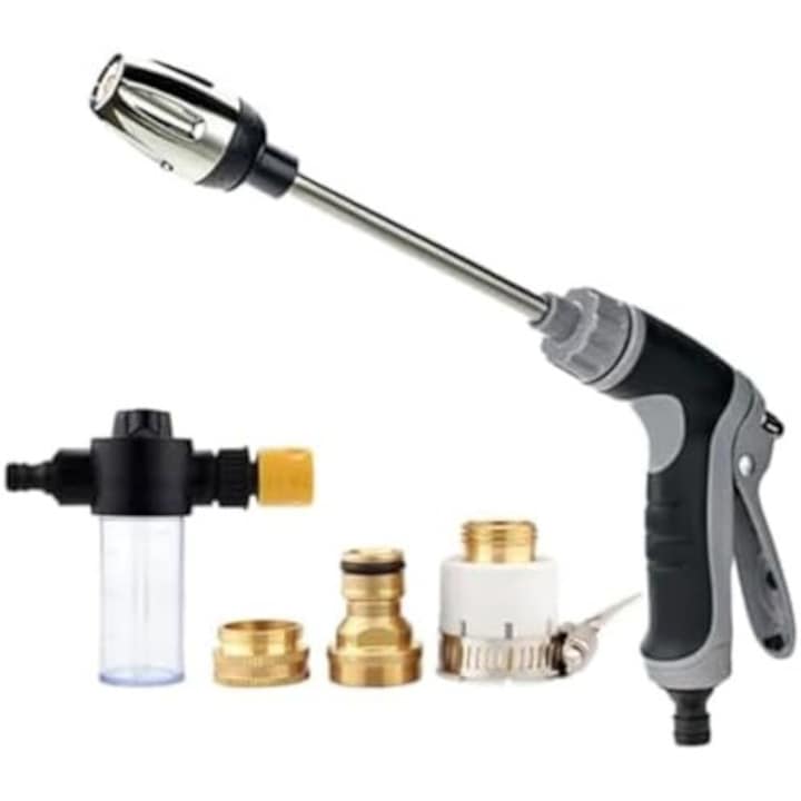 Pistol de stropit sub presiune Leccik® ProWash, 3 moduri de pulverizare, universal, instalare usoara, ideal pentru spalare auto si curatare gradina, indepartare eficienta a murdariei, ergonomic, Argintiu/Negru