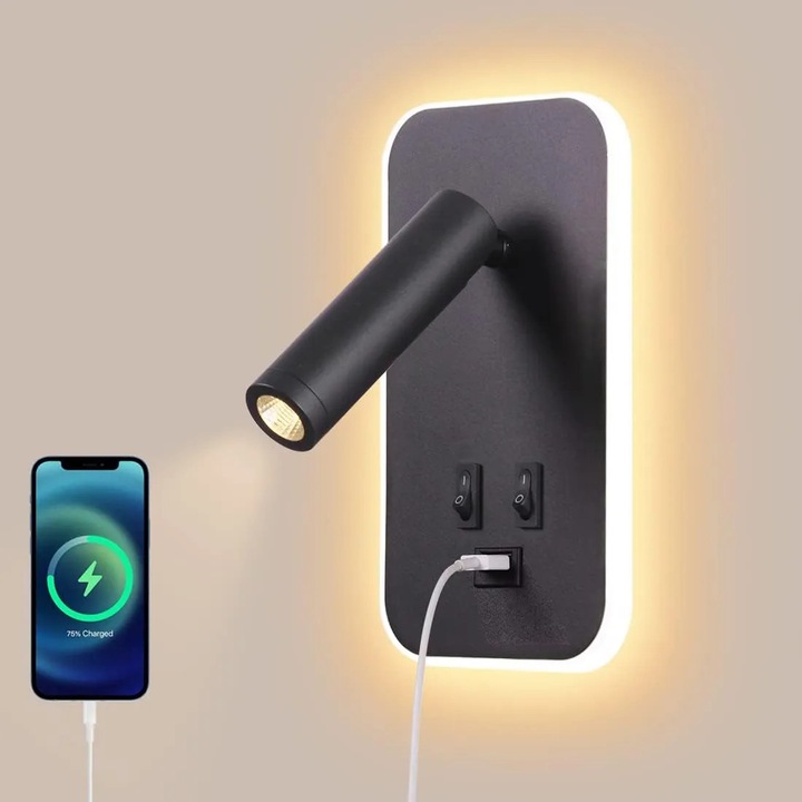 Lampa de perete LED, lampa de citit langa pat cu intrerupator, port de incarcare USB, iluminare reglabila
