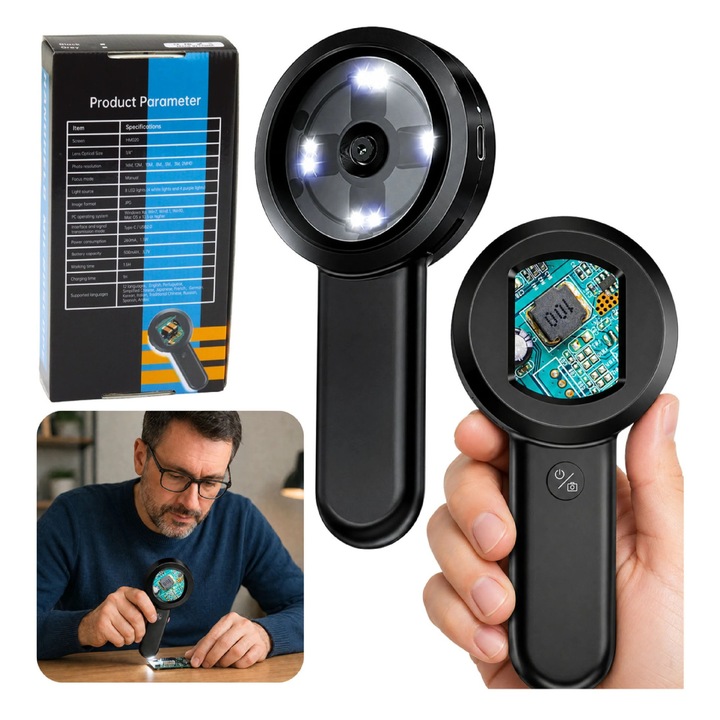Lupa digitala portabila cu camera HD, 100 x, ecran IPS, 8 LED-uri, Lean 30719