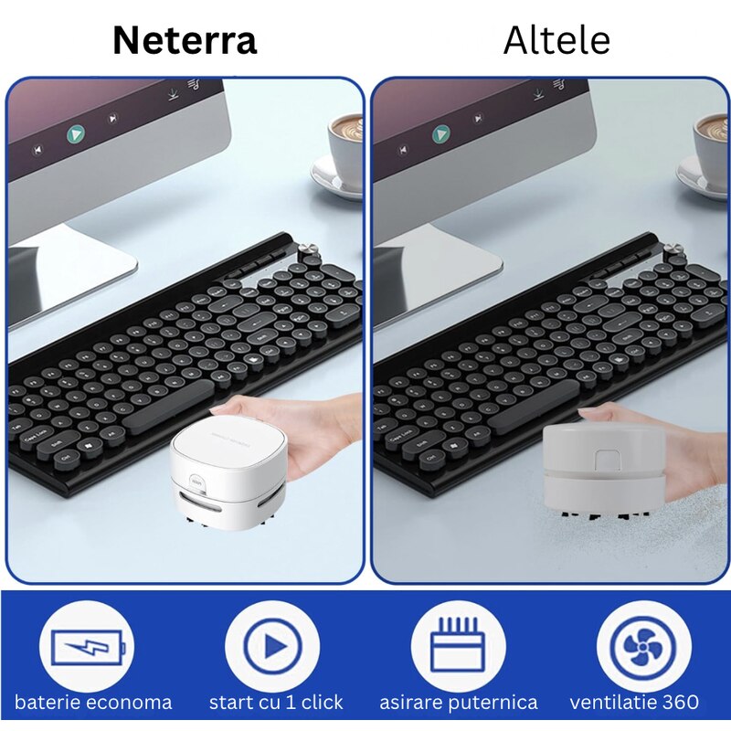 Mini aspirator portabil pentri birou NETERRA, dispozitiv compact si practic, curatarea rapida a firimiturilor, prafului si murdariei fine, pe tastatura, masa sau alte suprafete mici, fara fir