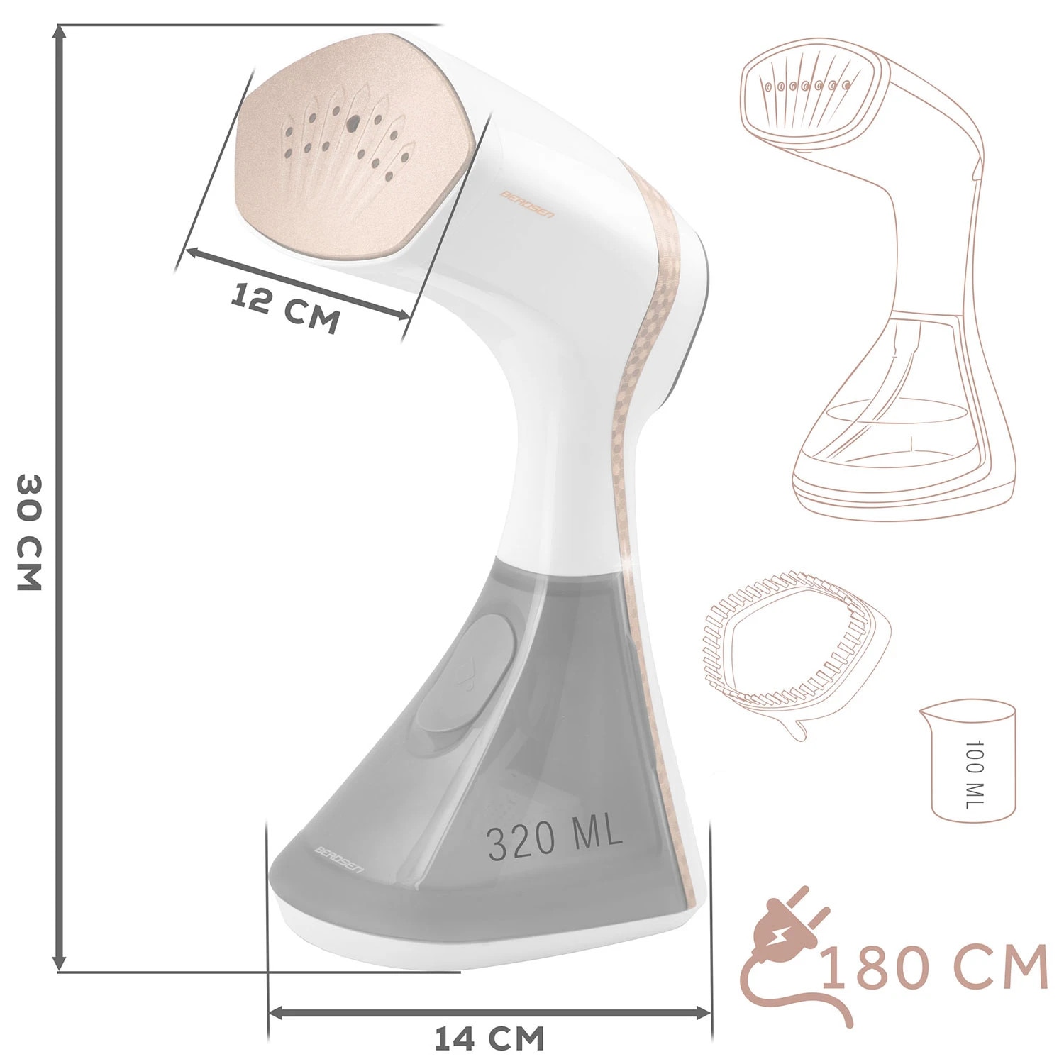 Aparat de calcat cu abur Berdsen, 2000 W, 320 ml, LCD touchscreen, 4 trepte, ceramic, Alb