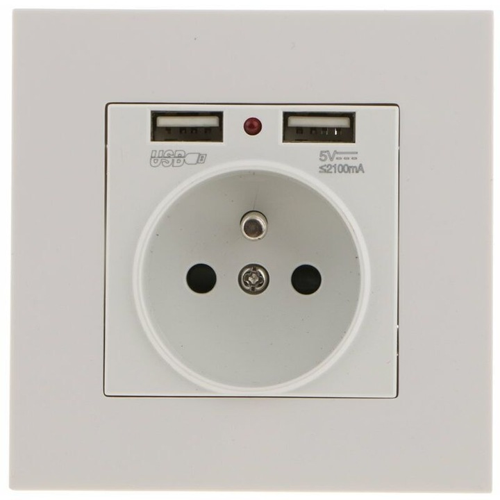 Стенен контакт с 2 USB 5V 2100mA и 2 контакта, огнеупорна пластмаса, 8.6x8.6x6cm
