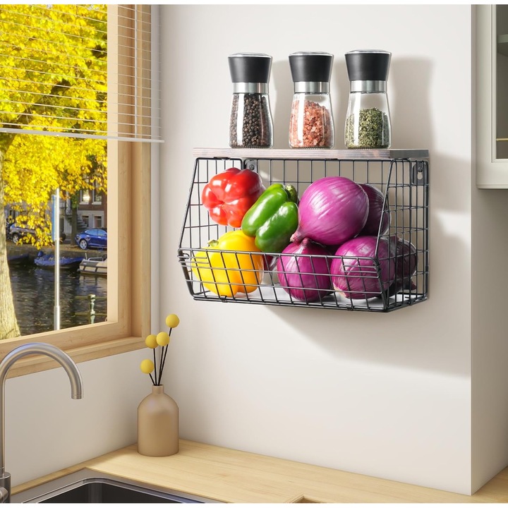 Cos fructe si legume, organizator de bucatarie, stivuibil, cu capac lemn, agatat, 30x20x22cm