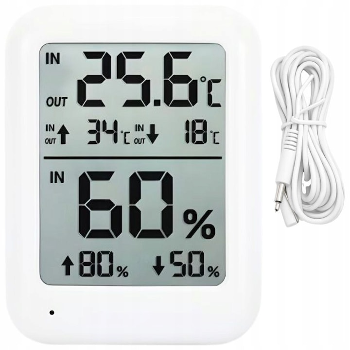 Statie meteo digitala LCD cu termometru interior exterior si higrometru, senzor cablu temperatura externa, afisaj mare, alarma umiditate, montare perete sau suport, monitor climat casa si gradina