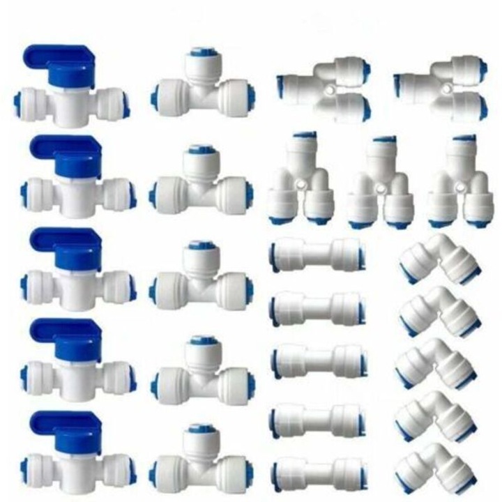 Set 25 fitinguri conexiuni filtru apa osmoza inversa, 1/4 inch, push-fit, alb/albastru