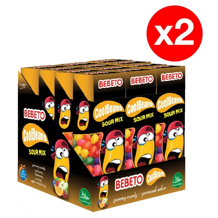 BEBETO Jelly Beans Sour Mix – 30g x 12 x 2 Cutii - Jeleuri Acrisoare in Forma de Boabe