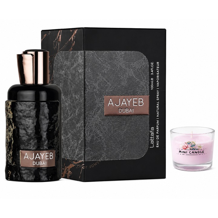 Set Parfum Lattafa Ajayeb Dubai, unisex, 100 ml, note de ananas, sofran, cafea, Parfum Arabesc si Lumanare parfumata