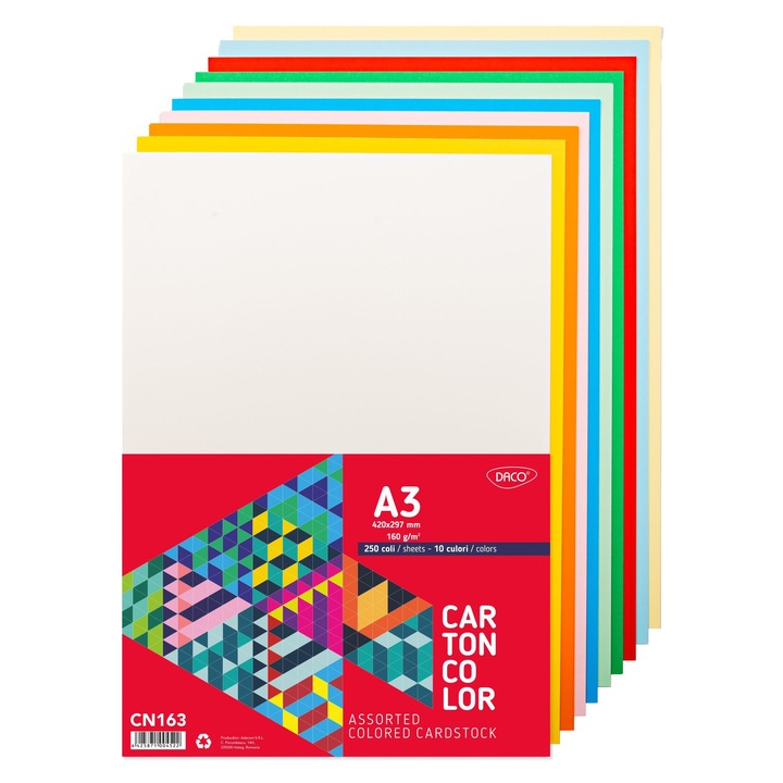 Carton Color A3, 160 g/mp, 250 Coli, 10 Culori Vibrante DACO sku11