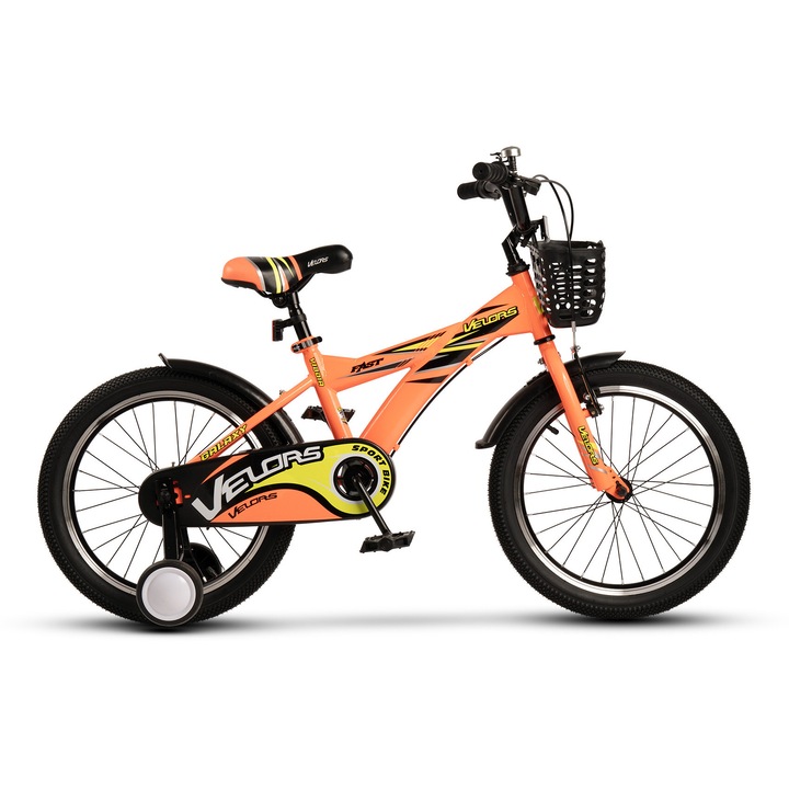 Bicicleta MTB Copii Galaxy JSXV1801A 18", Roti Ajutatoare, Cos, Aparatori, Frane V-Brake fata, Tambur spate, Jante Aluminiu, Baieti 5-7 Ani, Portocaliu/Verde