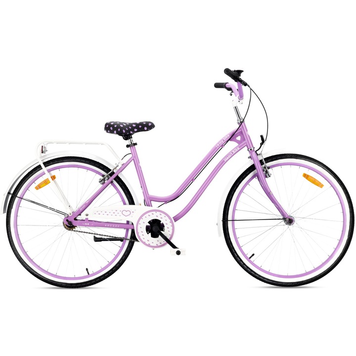Bicicleta urbana pentru fete si femei, Sun Baby, Heart Bike, 26 inci, 26x1, 95, frane V-brake, roata libera, portbagaj, cric lateral, mov