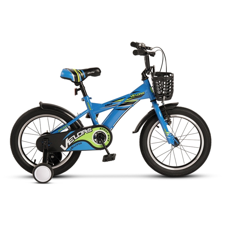 Bicicleta MTB Copii Galaxy JSXV1601A 16", Roti Ajutatoare, Cos, Aparatori, Frane V-Brake fata, Tambur spate, Jante Aluminiu, Baieti 4-6 Ani, Albastru/Verde