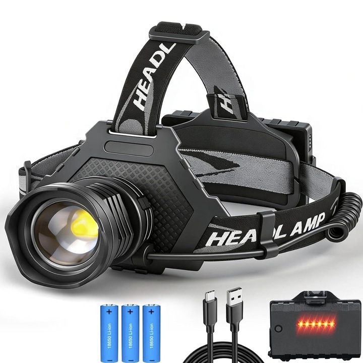 Lanterna Frontala, 5 Moduri de Lumina, Zoom Telescopic, 3 acumulatori 18650, 12000 lumeni, din aluminiu super luminoasa, incarcare USB, rezistenta la apa, vizibilitate peste 500 m, Negru