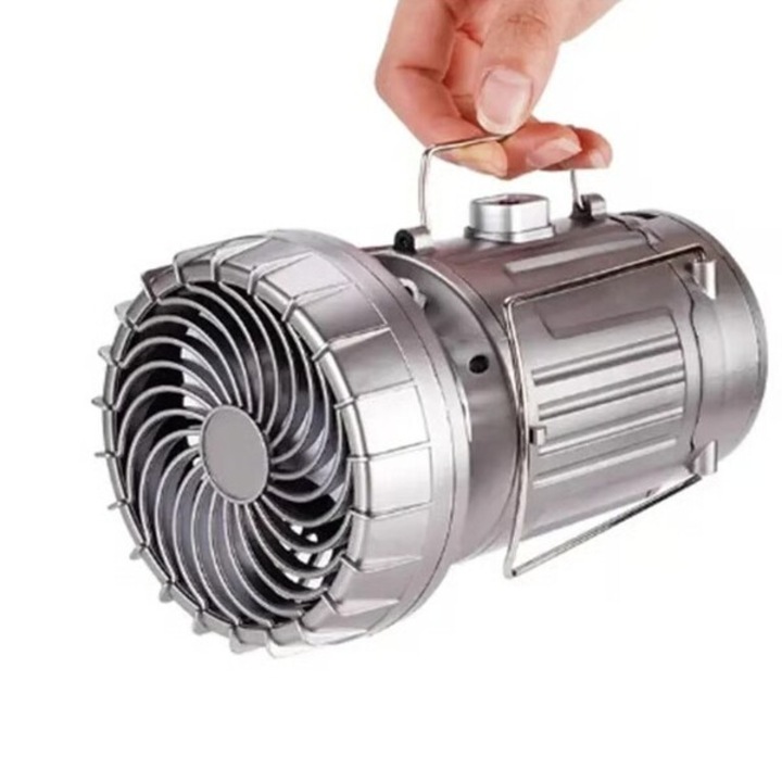 Kempinglámpa, ventilátorral, lehűti a sátrat, világít 360 fokos fénnyel, tölti a mobilkészülékeket USB-porton, zenét játszik a beépített vezeték nélküli hangszórón, ellenáll az esőnek és a zord időjárásnak - LANTFAN HOME & MARKER®