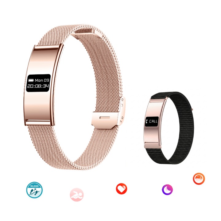 Bratara Fitness Smart Lommad® unisex cu apeluri Bluetooth, Monitorizare sanatate (ritm cardiac, oxigen, somn, stres), Notificari, Moduri sport, Autonomie 5-7 zile, IPX8, Android & iOS, aurie + CADOU bratara textila neagra
