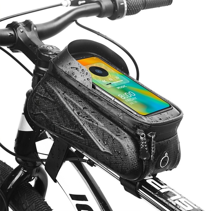 Geanta cadru bicicleta, negru, 22x14x11 cm, 1.5L, suport telefon, impermeabil, EVA rigid, ecran tactil, MTB, montaj rapid