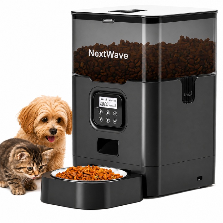 NextWave Digitális Automata Macska és Kutya Etető, 4L, Átlátszó Tartály, Személyre Szabott Hangüzenet, Napi 4 Étkezés, Adagszabályozás, Száraz Étel, Elakadásgátló, Lopásgátló Védelem, Inox Tál, Kettős Hálózat/Elem Tápellátás, Könnyen Tisztítható, Fekete