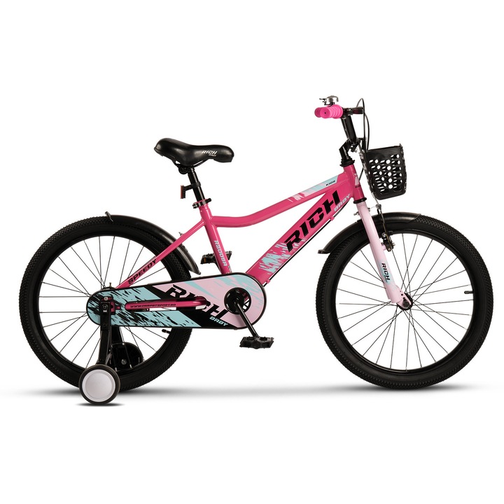 Bicicleta MTB Copii Speedy JSXR2005A 20", Roti Ajutatoare, Cos, Aparatori, Frane V-Brake fata, Tambur spate, Jante Aluminiu, Baieti 7-10 Ani, Fucsia/Roz/Albastru