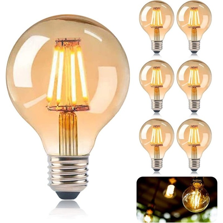 Bec LED vintage E27 G80 4W meleg fehér 360lm szett 6 db