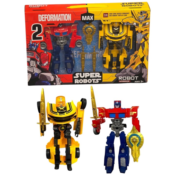 Set 2 Roboti Transformabili 2 in 1, Transformers Optimus Prime si Bumblebee, cu Accesorii incluse, 20 cm inaltime, culoare multicolor