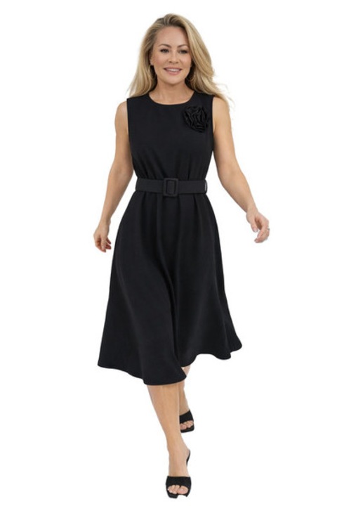 Rochie Negru Midi Eleganta Dama Ivory cu Croiala Closata, Curea in Talie si Aplicatie Florala Trandafir, Marime 40-42 – Agrafka unisize