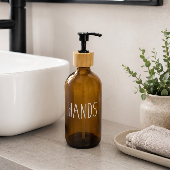 Dozator sapun lichid, sticla ambra, Frandis, 500 ml, pompa neagra, capac bambus, model Hands 041369