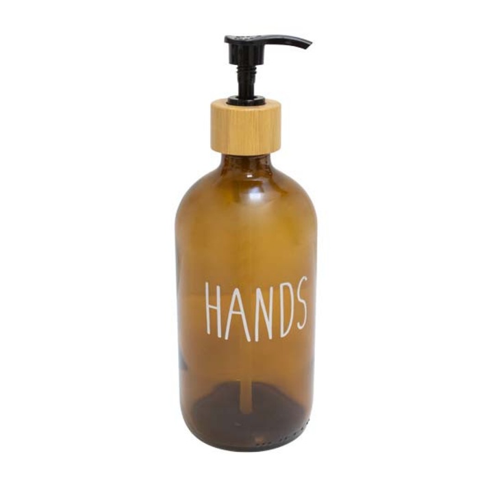Folyékony szappan adagoló, borostyán üveg, Frandis, 500 ml, fekete pumpa, bambusz tető, Hands modell 041369