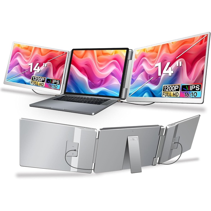 Extensie Dubla Cu 2 Monitoare Portabile Pentru Laptop, 14 Inch, Full HD 1200P, IPS 16:10, USB-C Si HDMI, Plug & Play, Rotire 360 Grade, Anti-Reflexie, Productivitate Sporita, Pentru Birou, Gaming Si Trading, Argintiu, Smart Gadgets C&A