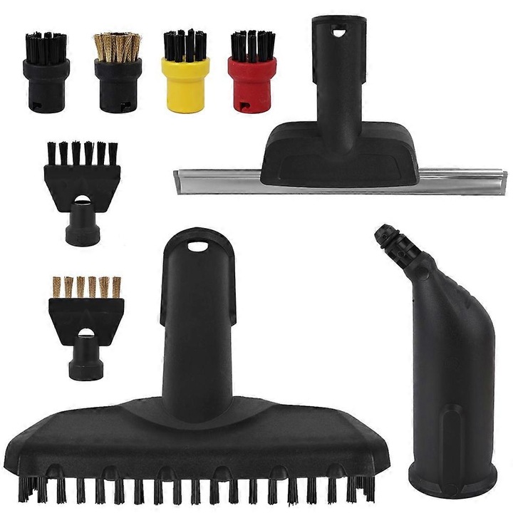 Set accesorii pentru curățător cu aburi, include perie rotundă, perie pentru rosturi, duză extinsă, duză manuală 2.884-280.0 și racletă pentru geamuri, compatibil Karcher SC1/SC2/SC3/SC4/SC5, plastic, negru