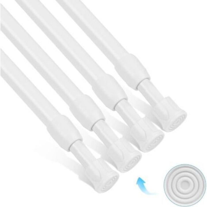 Set 4 bare perdea extensibile, alb, 30x50cm, fier si TPR, montare prin tensiune