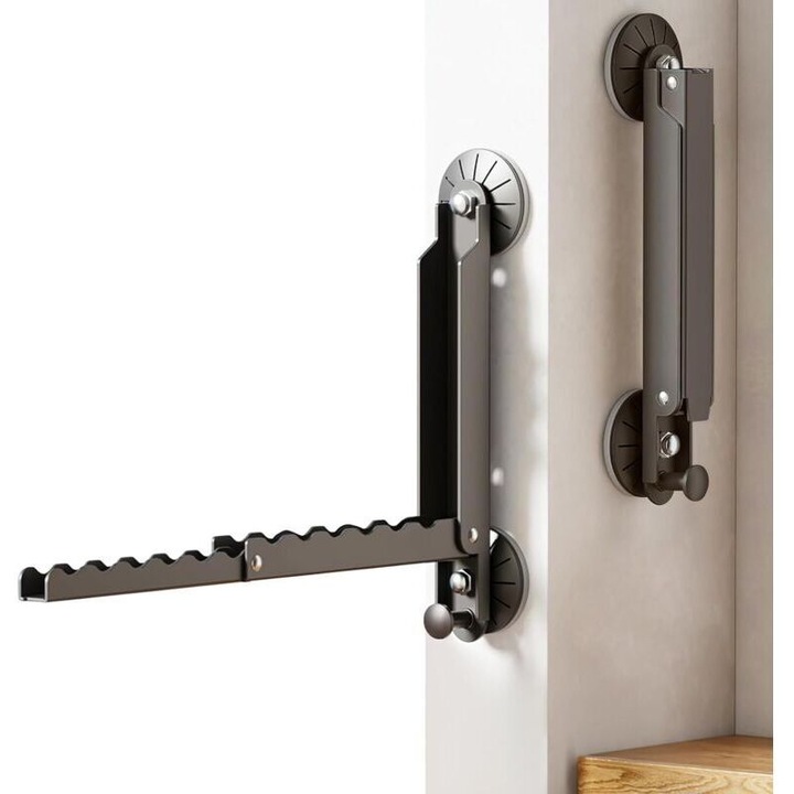 Cuier pliabil negru pentru usa baie, otel carbon, 6 carlige, extensibil 30x17cm