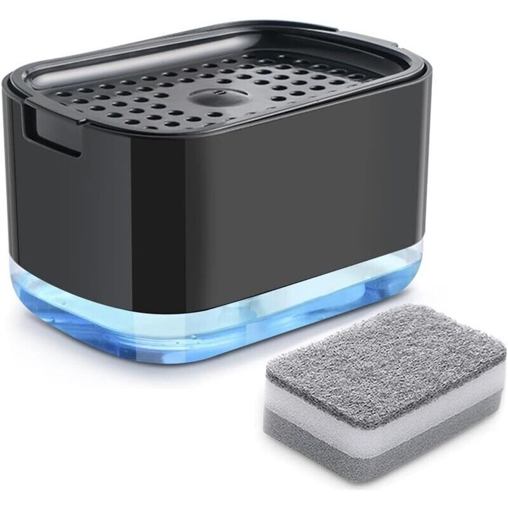 Dispenser sapun vase cu suport burete, negru, 295ml, 2-in-1