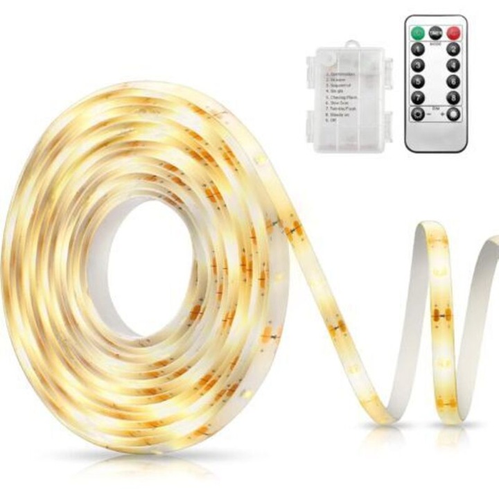 Banda LED 3m 180 LED-uri, 8 moduri, autoadeziva, rezistenta la apa, alb cald