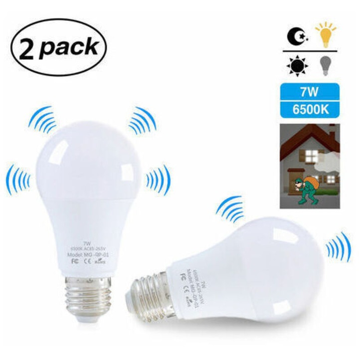 Bec LED cu senzor miscare, 7W, alb, 12x6x6cm, set 2 bucati