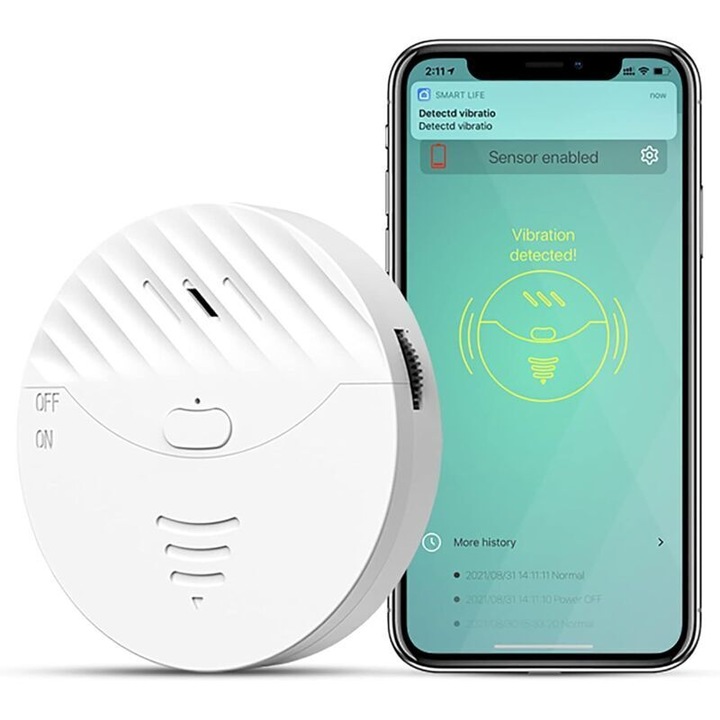 Wi-Fi аларма за врата със сензор за вибрации, известия в приложението, регулируема, бяла, компактна