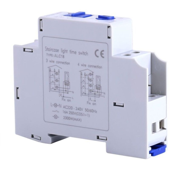 Világítás időzítő / időkapcsoló ALC18, DIN sínre szerelhető, AC 220-240V, 16A, állítható idő 0,5/5/10/15/20 perc, Fehér, 1 db