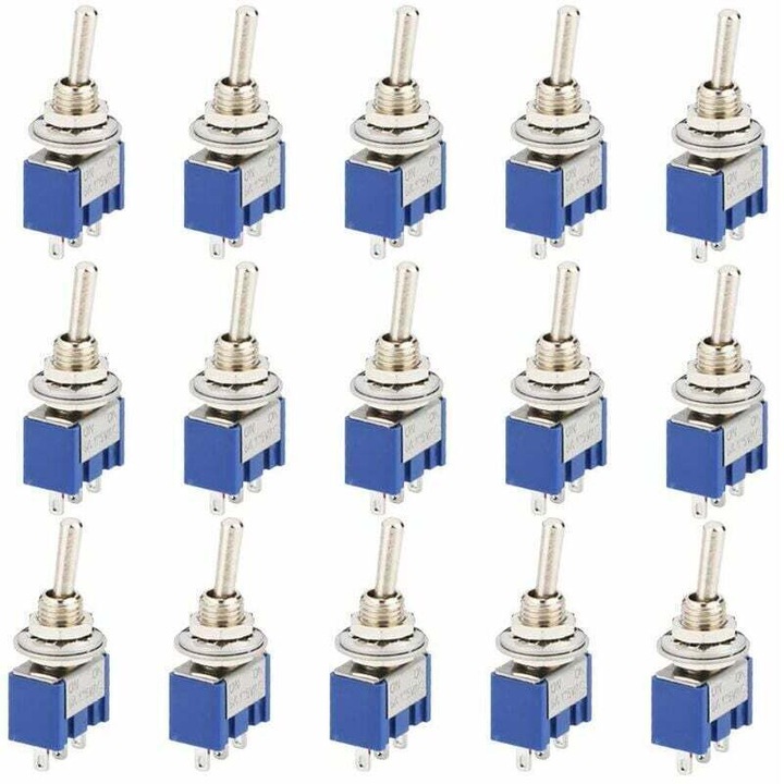 15 db mini billenőkapcsoló készlet, 3 pólusú, 125V, 6A, ezüst/kék