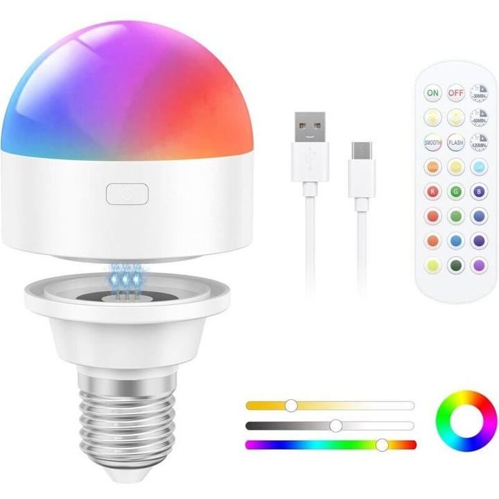 RGB újratölthető E27 LED izzó, távirányító, többszínű fehér, 3W, 1800mAh