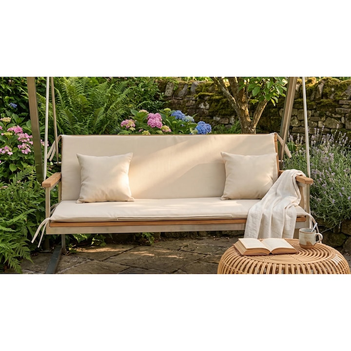 Saltea Balansoar Premium TextiLici – 2 Segmente, 50x150 cm, 300 g/mp, Husa Detasabila, Spuma 3 cm, Interior/Exterior, 2 perne, crem