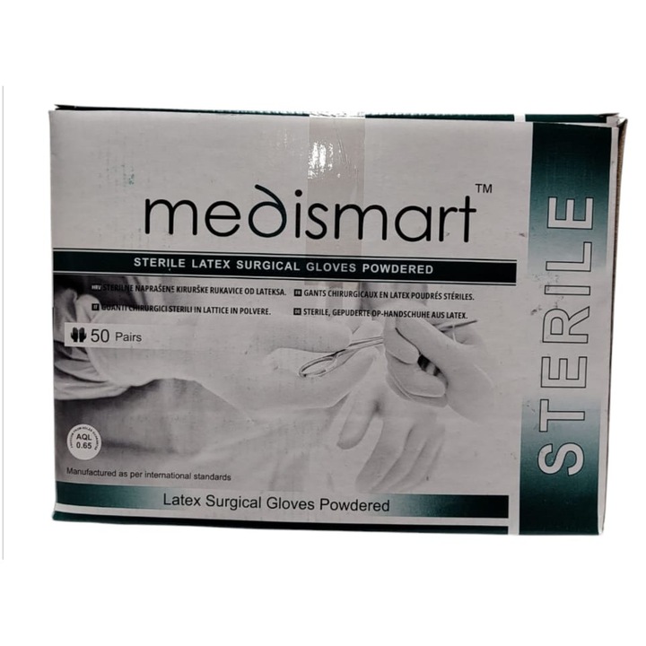 Set 50 perechi, Manusi latex MEDISMART chirurgicale sterile, marimea 6.5, pudrate, alb