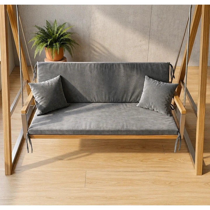 Saltea Balansoar Premium TextiLici – 2 Segmente, 50x150 cm, 300 g/mp, Husa Detasabila, Spuma 3 cm, Interior/Exterior, 2 perne, gri