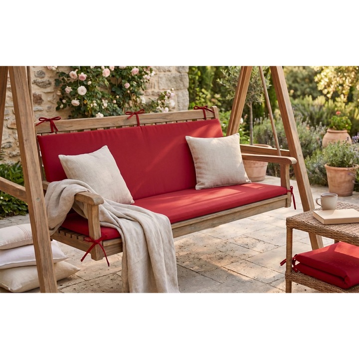 Saltea Balansoar Premium TextiLici – 2 Segmente, 50x150 cm, 300 g/mp, Husa Detasabila, Spuma 3 cm, Interior/Exterior, 2 perne, rosu