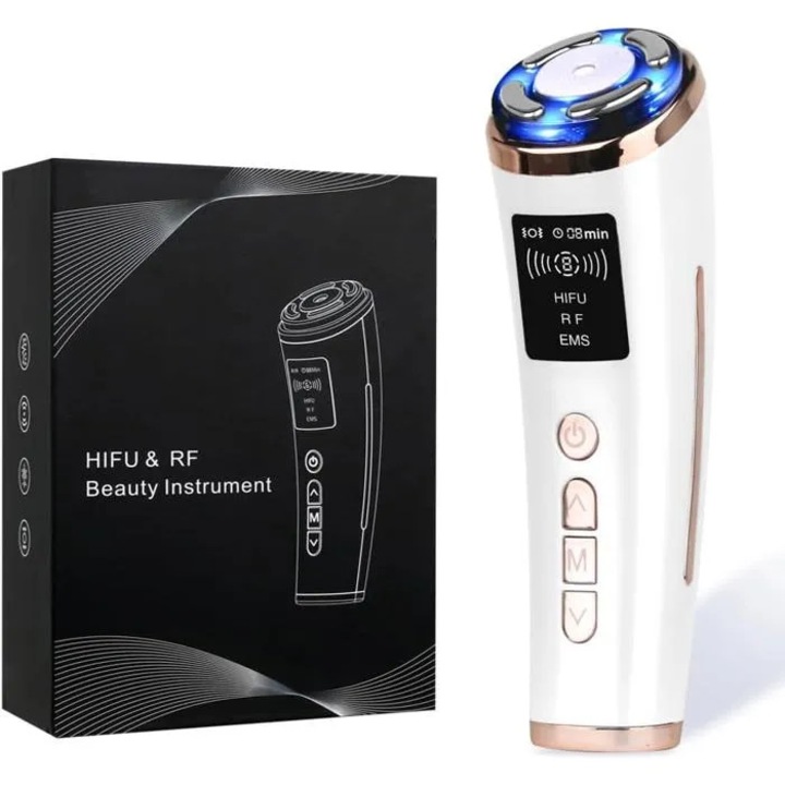 Aparat facial multifunctional HIFU RF EMS, alb, compact, portabil