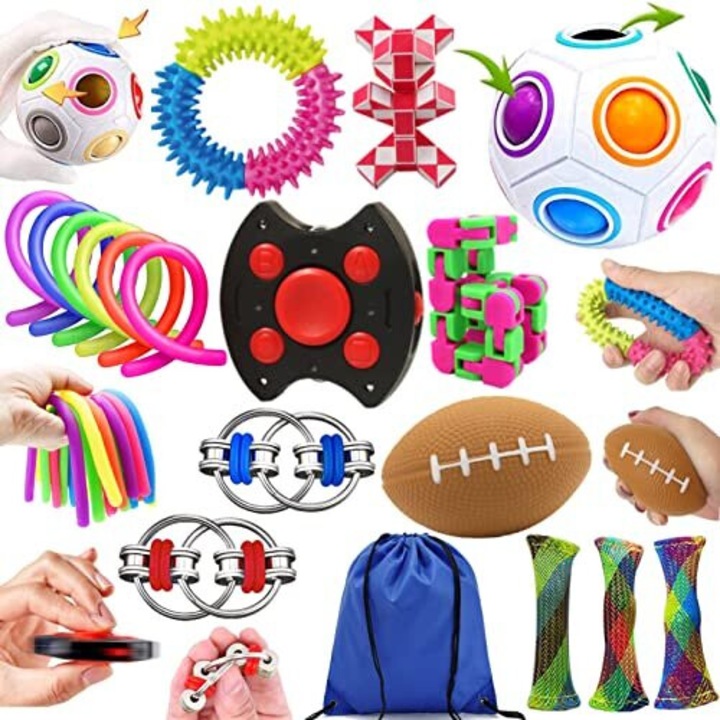 Set 18 jucarii interactive senzoriale multicolor cu geanta depozitare