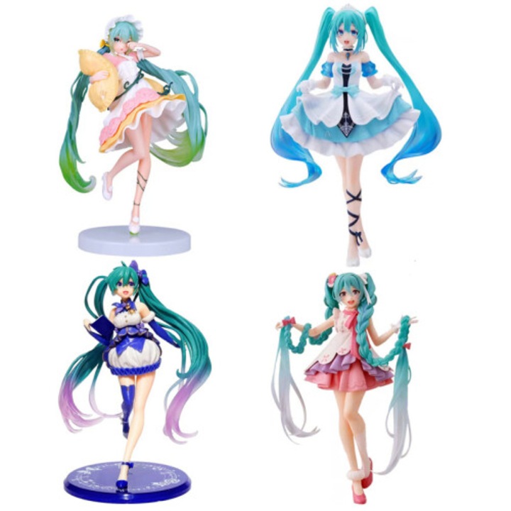 Set 4 figurine anime Hatsune Miku, 20cm, alb roz, scaun