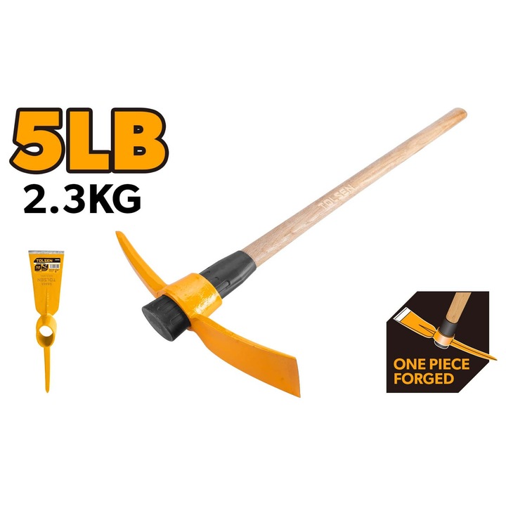 TOLSEN Gardenest kapa csákány 2.3 kg (5 LBS), kovácsolt acél, 490x90 mm-es hegy, 900 mm-es csiszolt fa nyél, sárgára festett, robusztus szerszám ásáshoz, könnyű bontáshoz, építési és kerti munkákhoz, professzionális és intenzív otthoni használatra