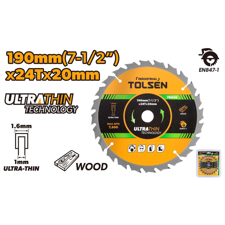 Disc circular vidia TOLSEN TCT 190x20 mm 24T 1.6 mm 7600 rpm, compatibil TOLSEN 87282/87445, Makita Bosch DeWalt Einhell Metabo Milwaukee fierastrau circular 190 mm, pentru lemn, taiere precisa si curata